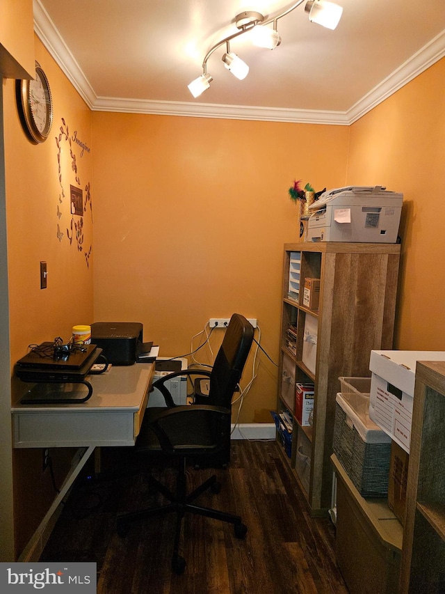 home office with ornamental molding and dark hardwood / wood-style floors