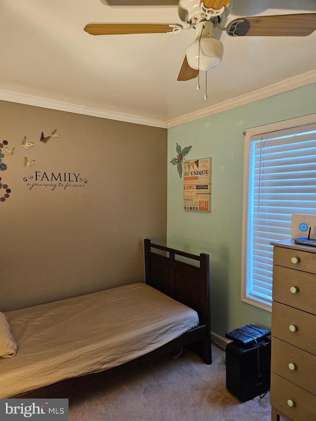 bedroom with ceiling fan, light carpet, and crown molding