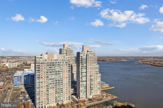 drone / aerial view with a water view