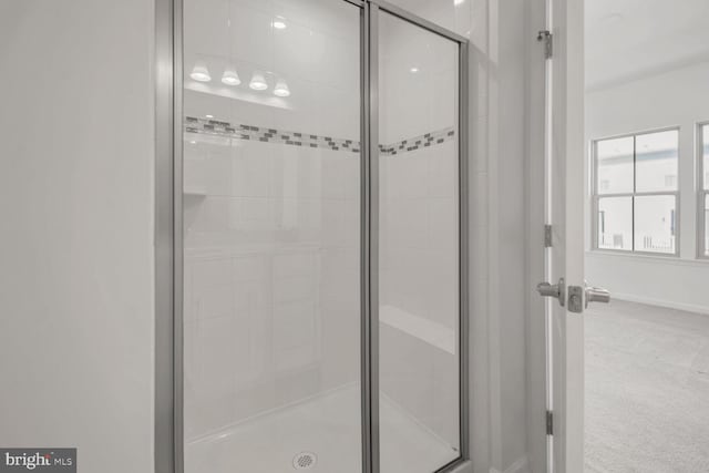 bathroom featuring a shower with door