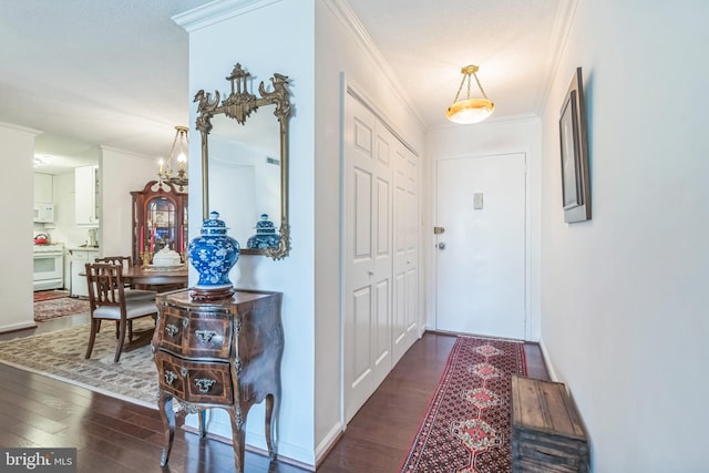 interior space with ornamental molding, dark hardwood / wood-style floors, and an inviting chandelier