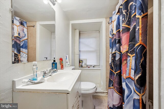 bathroom featuring vanity, toilet, and a shower with curtain