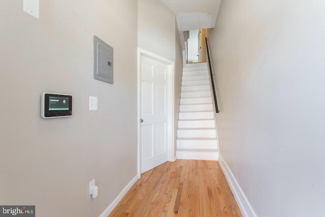 staircase with electric panel and hardwood / wood-style flooring