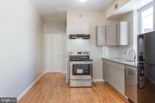 kitchen featuring sink, appliances with stainless steel finishes, tasteful backsplash, gray cabinetry, and light wood-type flooring