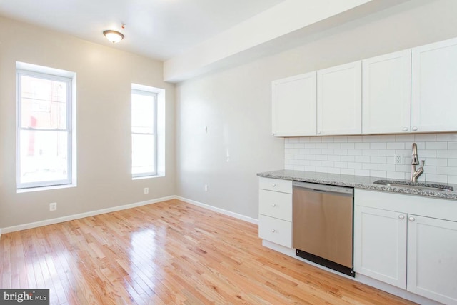 kitchen featuring white cabinets, sink, tasteful backsplash, stainless steel dishwasher, and light wood-type flooring