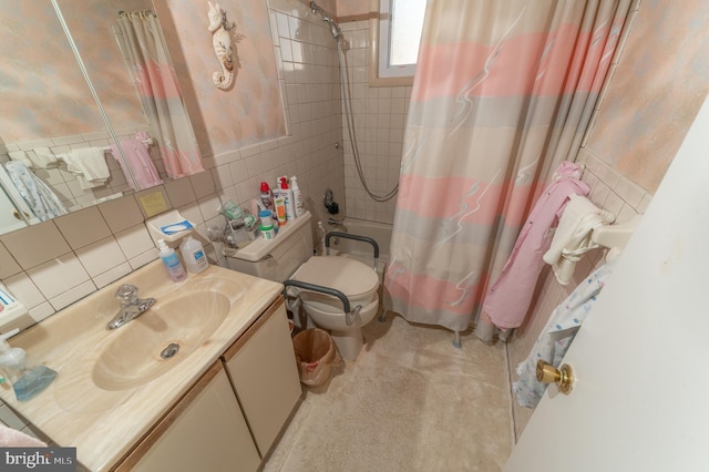 full bathroom with tile walls, shower / bath combination with curtain, backsplash, vanity, and toilet