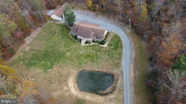 bird's eye view with a water view