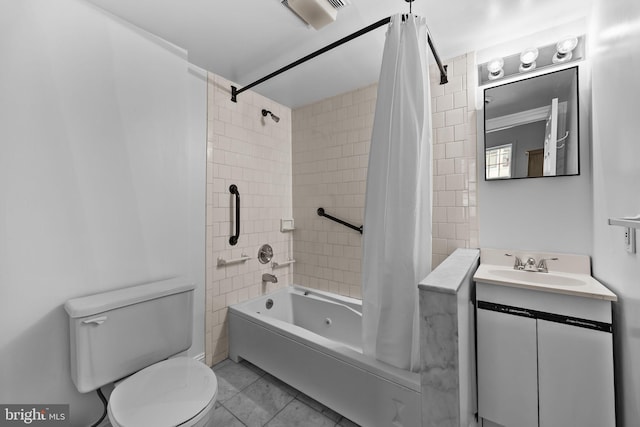 full bathroom featuring toilet, vanity, shower / tub combo, and tile patterned flooring