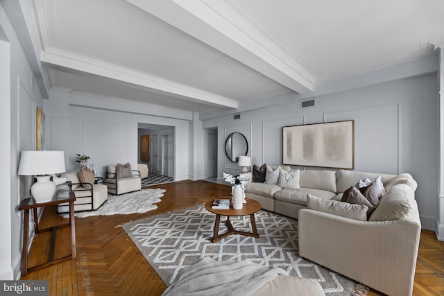 living room with crown molding, beam ceiling, and parquet flooring