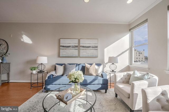 living room with hardwood / wood-style floors and crown molding