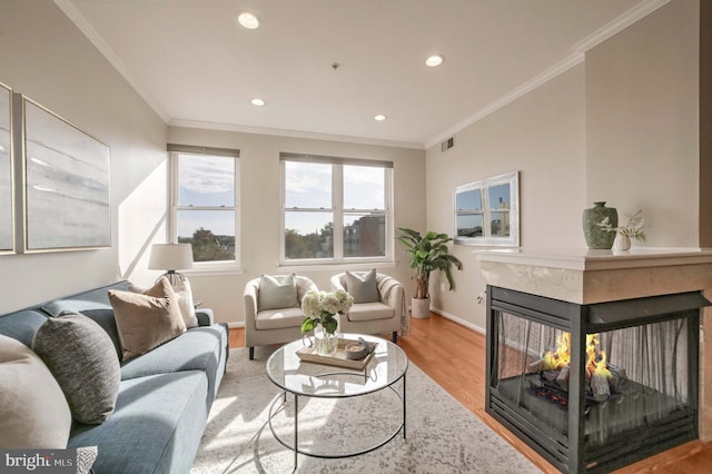 living room featuring light wood-type flooring, a multi sided fireplace, and crown molding