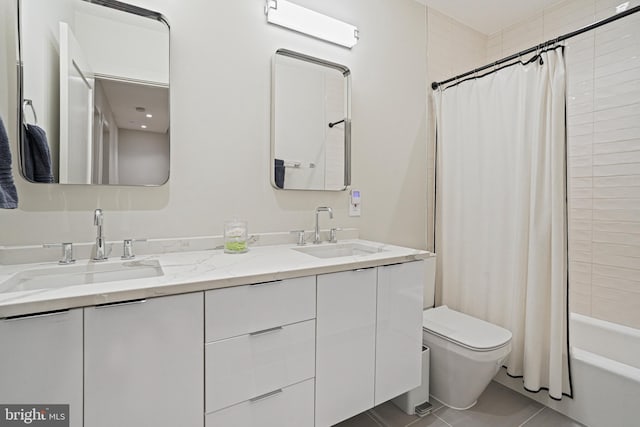 full bathroom featuring toilet, tile patterned floors, a wall mounted AC, vanity, and shower / bathtub combination with curtain