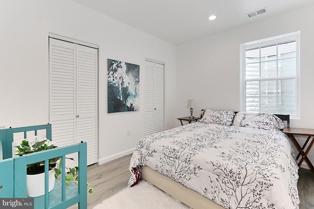 bedroom featuring wood-type flooring and two closets