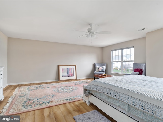 bedroom featuring ceiling fan and light hardwood / wood-style flooring