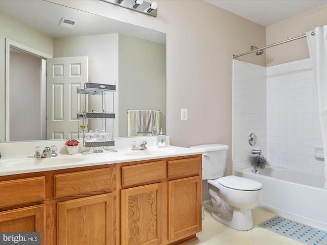 full bathroom with tile patterned flooring, vanity, toilet, and shower / bathtub combination with curtain