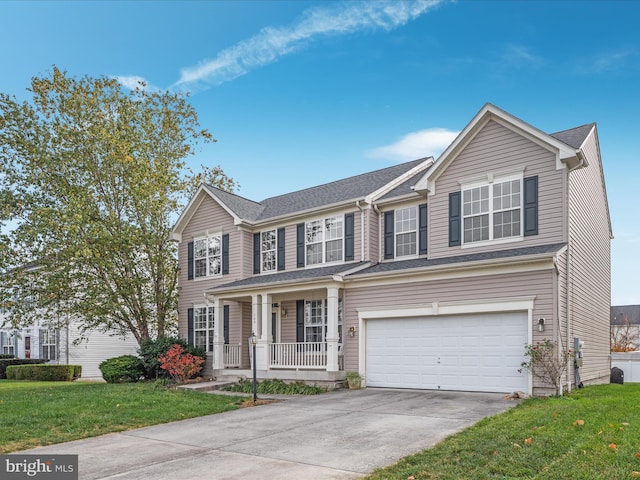 view of front of property with a front lawn, a garage, and a porch