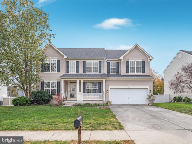 view of front of home with a garage, a front lawn, and a porch