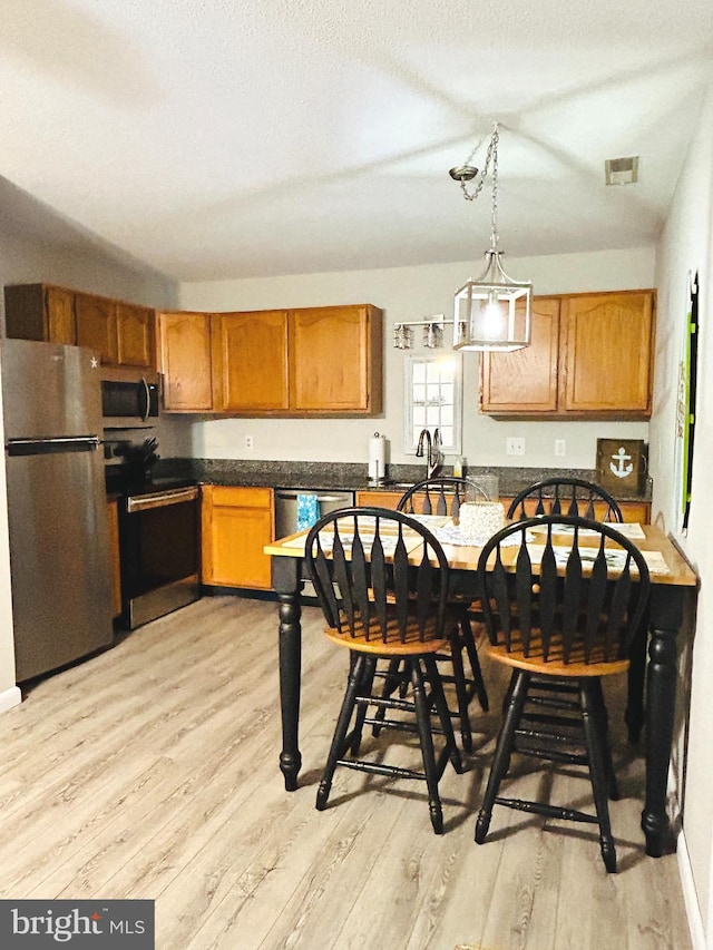 kitchen featuring stainless steel appliances, pendant lighting, light hardwood / wood-style flooring, and sink