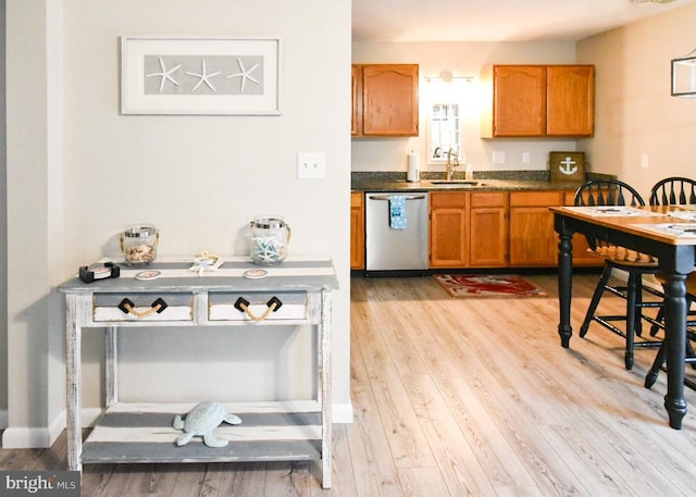 kitchen featuring stainless steel dishwasher, sink, and light wood-type flooring