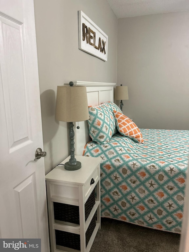 bedroom featuring dark carpet