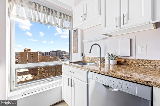 kitchen featuring sink, white cabinets, stone countertops, and dishwasher