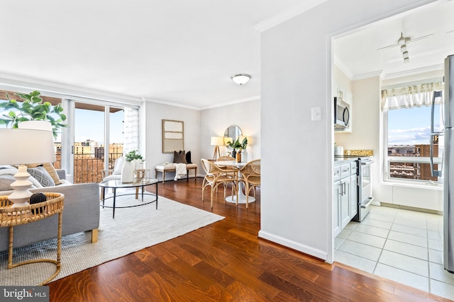 living room with ornamental molding, light hardwood / wood-style floors, and a healthy amount of sunlight