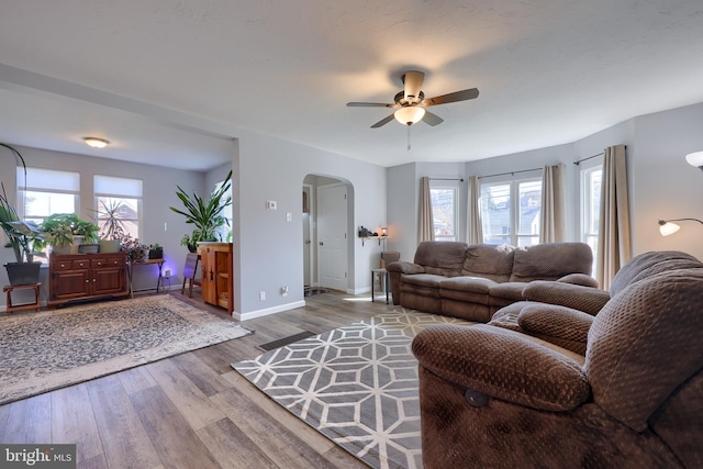 living room featuring hardwood / wood-style flooring and ceiling fan