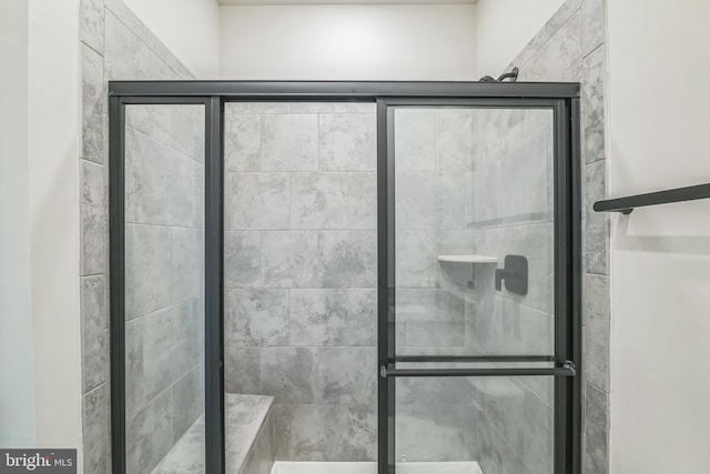 bathroom with a shower with shower door