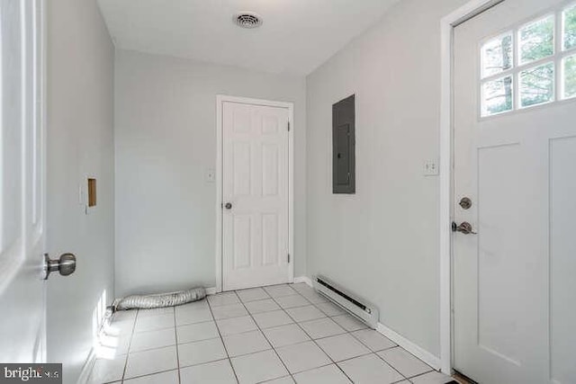 tiled entryway with electric panel and a baseboard radiator