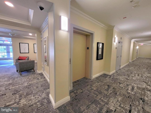 hallway with elevator and ornamental molding