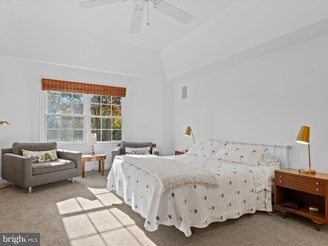 bedroom with lofted ceiling, light carpet, and ceiling fan