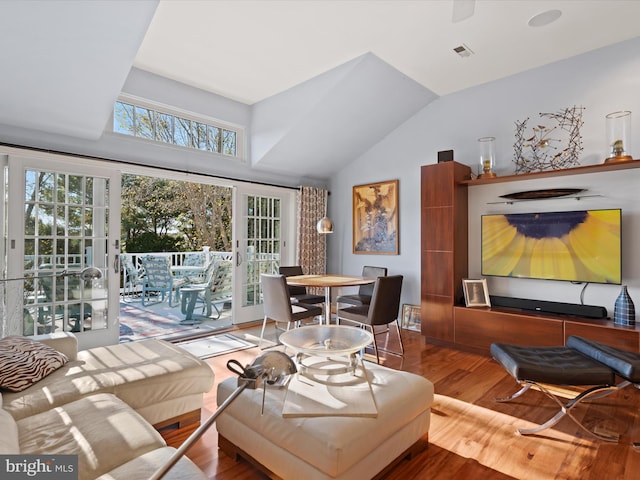 living room featuring wood-type flooring and lofted ceiling