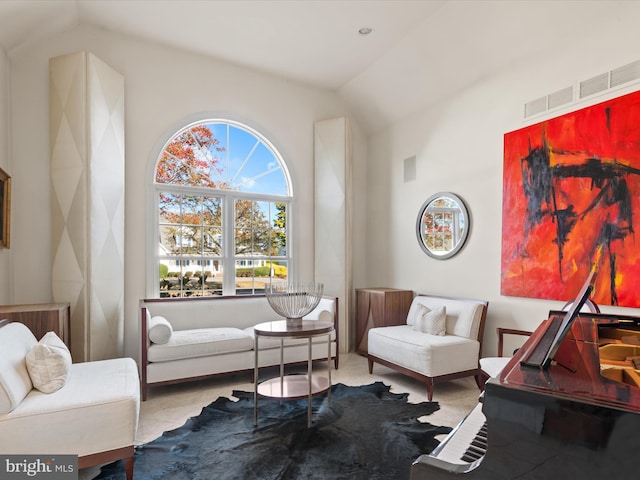 living area featuring lofted ceiling