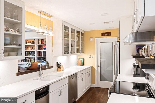 kitchen with dark hardwood / wood-style flooring, sink, white cabinetry, appliances with stainless steel finishes, and decorative light fixtures