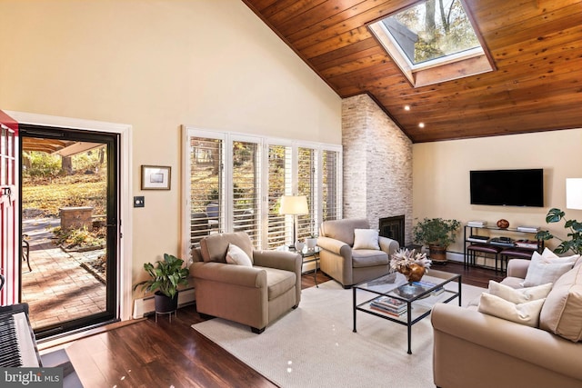 living room with high vaulted ceiling, a skylight, wooden ceiling, and dark hardwood / wood-style floors