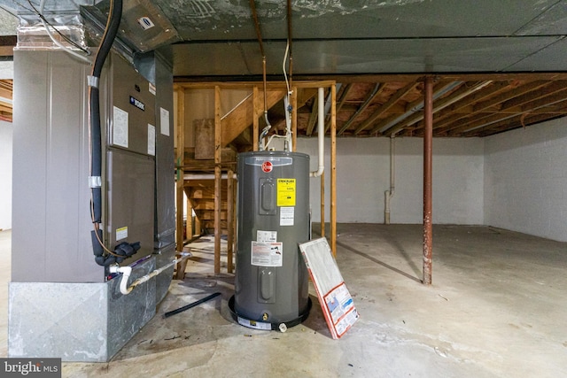 basement featuring electric water heater and heating unit