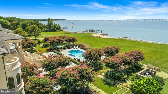 aerial view featuring a water view