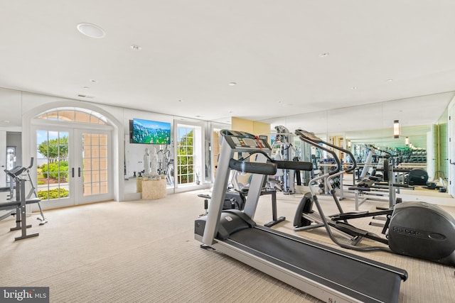 exercise room featuring light colored carpet and french doors