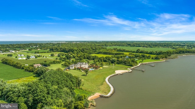 aerial view featuring a water view and a rural view