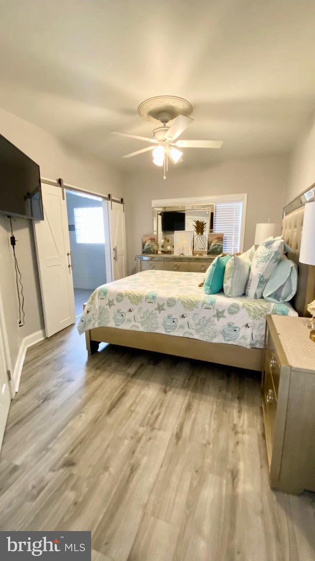 bedroom featuring a barn door, ceiling fan, and light wood-type flooring