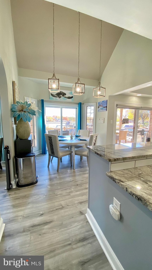 kitchen with pendant lighting, high vaulted ceiling, light hardwood / wood-style flooring, and light stone countertops