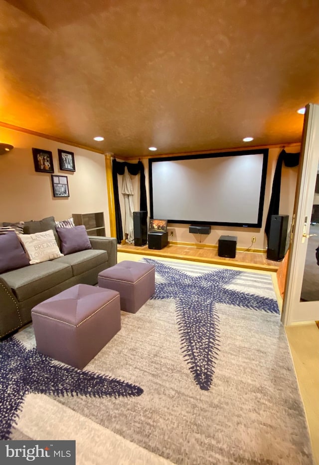 carpeted cinema room with crown molding