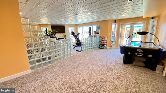 playroom with carpet flooring and french doors