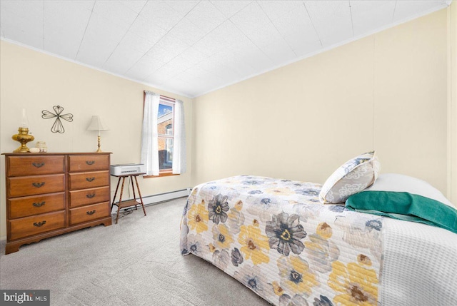 bedroom featuring carpet, a baseboard radiator, and ornamental molding