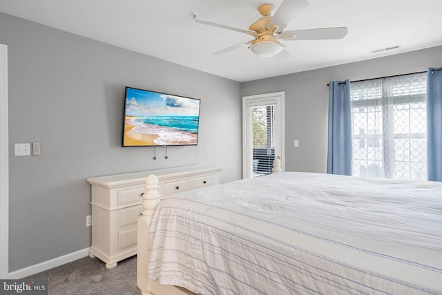 bedroom with access to exterior, carpet, and ceiling fan