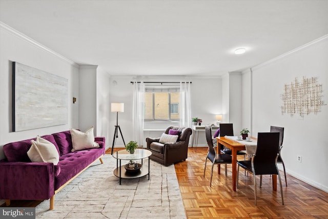 living room with light parquet floors and ornamental molding