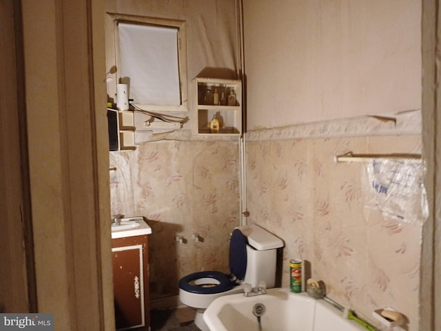 bathroom with a washtub, vanity, and toilet