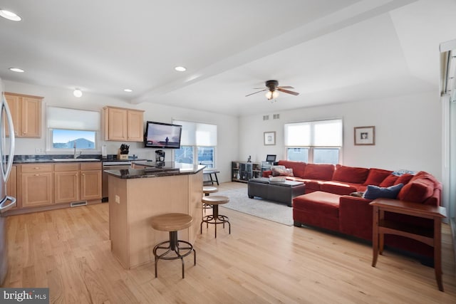 kitchen with a breakfast bar, stainless steel dishwasher, ceiling fan, light wood-type flooring, and a kitchen island