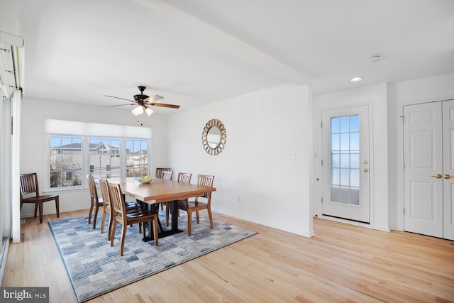 dining space with ceiling fan and light hardwood / wood-style flooring