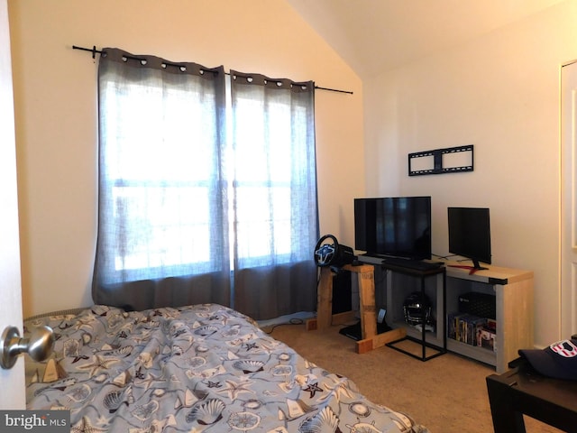 carpeted bedroom with lofted ceiling